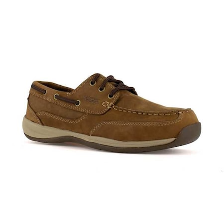 Men's Boat Shoe, Steel Toe, Leather Upper, Rubber Outsole, Lace Up, Brown, 9 W