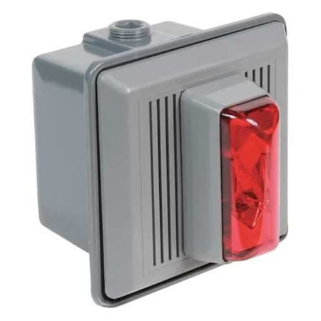 Horn Strobe, Horn, Continuous, 120V AC, 90 dB, Thermoplastic, Gray Housing, Red Lens, Surface Mount