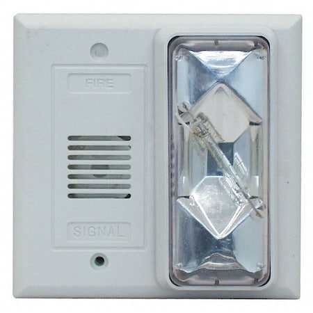 Horn Strobe, 24V AC/DC, Decibels 82dB, Clear Lens, Indoor/Outdoor, Surface Mount, 4.5 in H