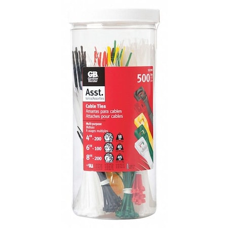 Cable Tie Assortment, 4 in, 6 in, 8 in L, Black, Green, Natural, Red, Yellow, Nylon 6/6, 500 PK