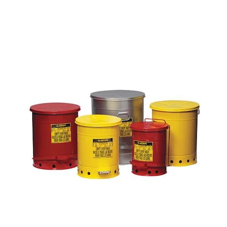 Oily Waste Can, 10 gal, Red, Steel, 18 1/4 in Height, Sound Dampening Foot Operated Self-Closing