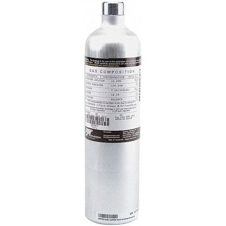 Calibration Gas, Carbon Dioxide, Carbon Monoxide, Hydrogen Sulfide, Methane, Oxygen, 34 L