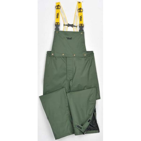 Rain Bib Pants, 100% Nylon, 32 1/2 in Inseam, Elastic Closure, Green, Size XL