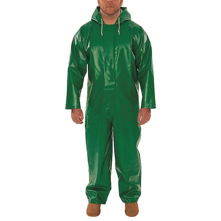 Flame Resistant Coverall Rain Suit, PVC, 17 mil Thick, Attached Hood, Green, S