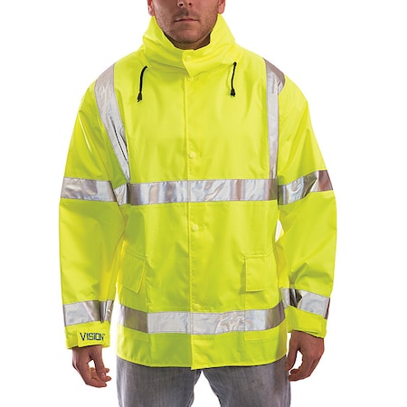 High Visibility Rain Jacket with Hood, Polyester, Class 3 R, Green/Yellow, M
