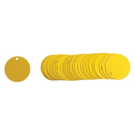 Blank Tag, Aluminum, 1 1/2 in H x 1 1/2 in W, 1 1/2 in Dia., Yellow, Round, 25 PK