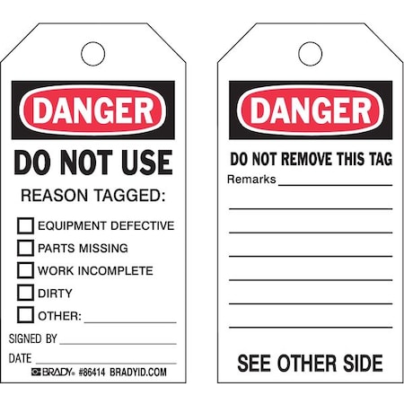Danger Tag, Lockout Tagout, Polyester, 5 3/4 in H x 3 in W, Black, Red, White, Rectangle, 10 PK