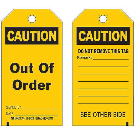 Tag, Safety, Polyester, 5 3/4 in H x 3 in W, Black on Yellow, Rectangle, 10 PK