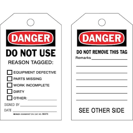 Danger Tag, Lockout Tagout, Polyester, 7 in H x 4 in W, Black, Red, White, Rectangle, 10 PK
