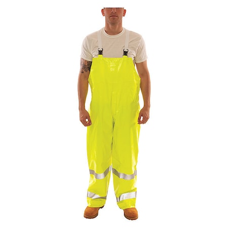 Hi-Visibility Rain Bib Overall, PVC, 32 in Inseam, 52 in to 54 in Waist, 14 mil Thickness, Lime