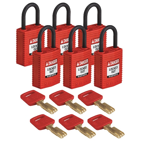 Lockout Padlock, Keyed Alike, Nylon, Red, 1 in Shackle Height, 1 1/4 in Body Width, 6 No. of Keys