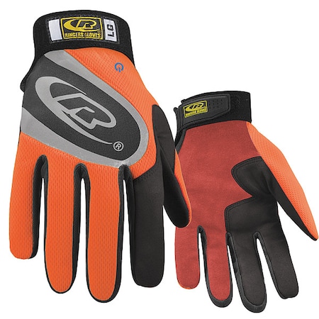 Turbo Plus Mechanics Gloves, Synthetic Leather Palm, Polyester Mesh Back, L, Orange