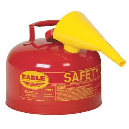 Type I Safety Can, Galvanized Steel, 2.5 gal, Self-Closing LId, Includes Funnel, Red, Flammables