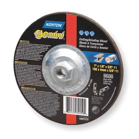 Depressed Center Cut-Off Wheel, Type 27, 7 in Dia, 0.045 in Thick, 5/8"-11 Arbor Hole Size, 24 Grit