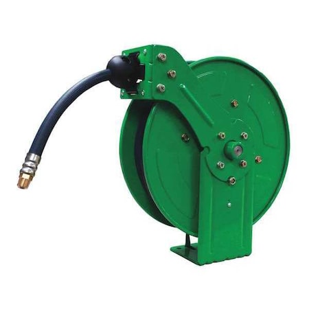 Spring Return Hose Reel, 3/8 in Hose Diameter, 50 ft Length, 300 psi Max. Pressure, Brass, Green