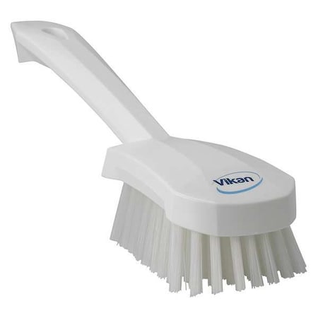 3 in W Scrub Brush, Stiff, 5 57/64 in L Handle, 4 1/2 in L Brush, White, Plastic, 10 in L Overall