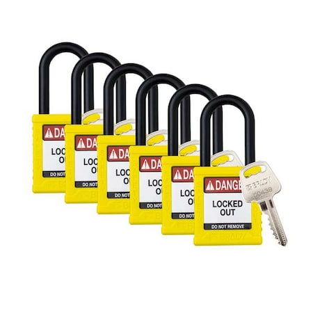 Padlock, Keyed Alike, Nylon, Yellow, 1 1/2 in Shackle Height, 1 1/2 in Body Width, 6 No. of Keys