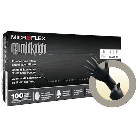 MidKnight MK-296, Disposable Gloves, 4.7 mil Palm, Nitrile, Powder-Free, L (9), 100 PK, Black