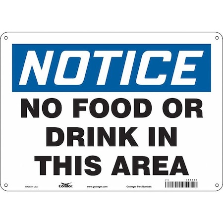 Notice, No Food or Drink In This Area, 14 in W x 10 in H, Horizontal Rectangle, Polyethylene, 468K69