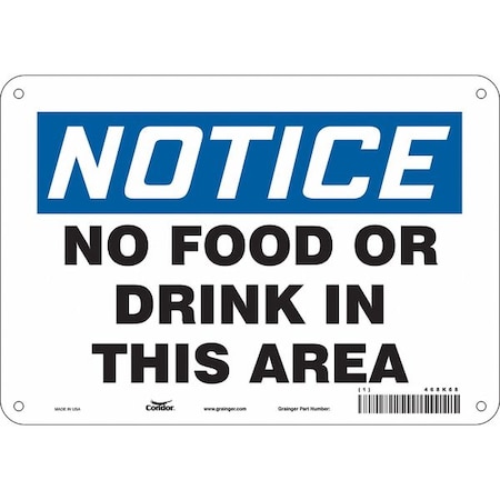 Notice, No Food or Drink In This Area, 10 in W x 7 in H, Vertical Rectangle, Polyethylene, 468K68