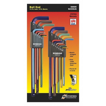 22-Piece Hex Key Set, Metric/SAE L-Shape, Steel, Color Coded, Plastic Holder