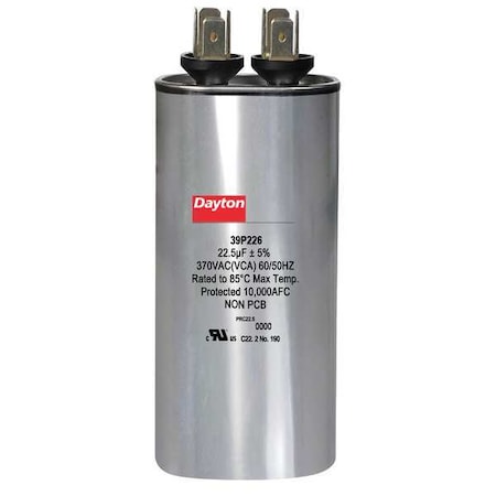 Motor Run Capacitor,22.5 MFD,3-5/8 In. H