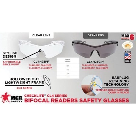 Checklite(R) CL4 Reader Safety Glasses, Gray/Black Wraparound Frame, 2.5 Diopter, Gray Lens
