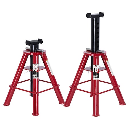 Jack Stand, Pin Adjustment, 10 Ton Load Capacity, 22 in Min Ht, Steel, 1 PR