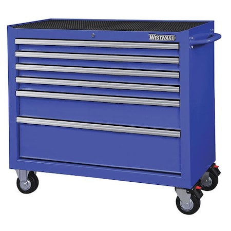 WESTWARD Rolling Tool Cabinet, 6-Drawers, Powder Coated Blue, 42" W x 19" D x 40" H