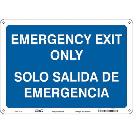 Exit Sign, Aluminum, 14" W, 10" H, Emergency Exit Only/Solo Salida De Emergencia, Blue