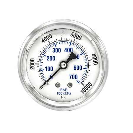 Industrial Pressure Gauge, 0 to 10,000 psi, 2 1/2 in Dial, 1/4 in NPT, Center Back Location