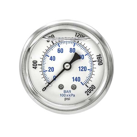 Industrial Pressure Gauge, 0 to 2,000 psi, 2 1/2 in Dial, 1/4 in NPT, Center Back Location