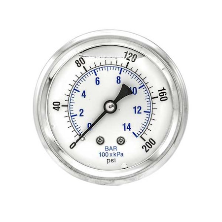 Industrial Pressure Gauge, 0 to 200 psi, 2 1/2 in Dial, 1/4 in NPT, Center Back Location