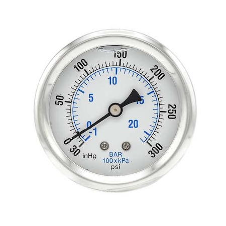 Industrial Compound Gauge, 30 to 0 to 300 psi, 2 1/2 in Dial, 1/4 in NPT, Center Back Location