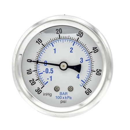 Industrial Compound Gauge, 30 to 0 to 60 psi, 2 1/2 in Dial, 1/4 in NPT, Center Back Location