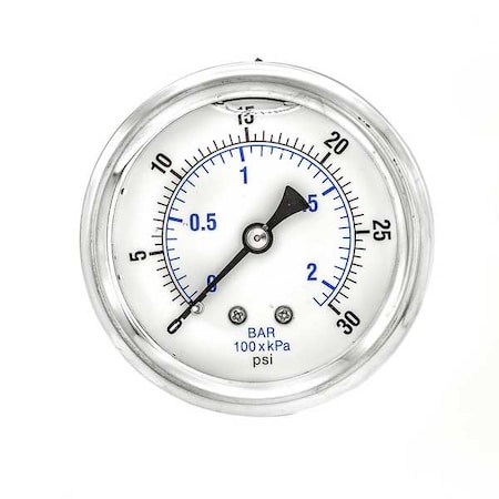 Industrial Pressure Gauge, 0 to 30 psi, 2 1/2 in Dial, 1/4 in NPT, Center Back Location