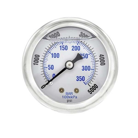 Industrial Pressure Gauge, 0 to 5,000 psi, 2 in Dial, 1/8 in NPT, Center Back Location