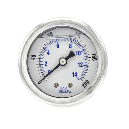 Industrial Pressure Gauge, 0 to 200 psi, 2 in Dial, 1/8 in NPT, Center Back Location