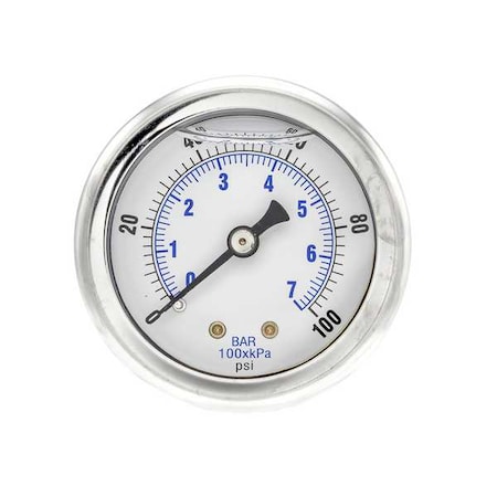 Industrial Pressure Gauge, 0 to 100 psi, 2 in Dial, 1/8 in NPT, Center Back Location