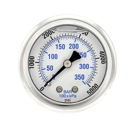 Industrial Pressure Gauge, 0 to 5,000 psi, 2 in Dial, 1/4 in NPT, Center Back Location