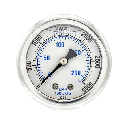 Industrial Pressure Gauge, 0 to 3,000 psi, 2 in Dial, 1/4 in NPT, Center Back Location