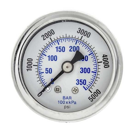 Industrial Pressure Gauge, 0 to 5,000 psi, 1 1/2 in Dial, 1/8 in NPT, Center Back Location