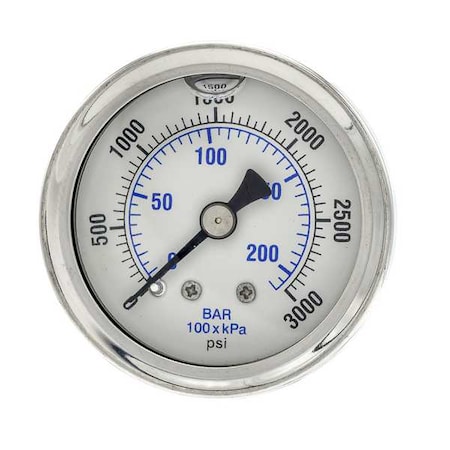 Industrial Pressure Gauge, 0 to 3,000 psi, 1 1/2 in Dial, 1/8 in NPT, Center Back Location