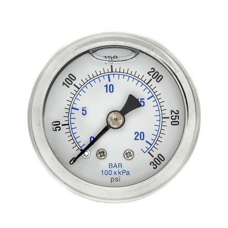 Industrial Pressure Gauge, 0 to 300 psi, 1 1/2 in Dial, 1/8 in NPT, Center Back Location