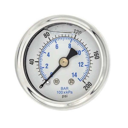 Industrial Pressure Gauge, 0 to 200 psi, 1 1/2 in Dial, 1/8 in NPT, Center Back Location