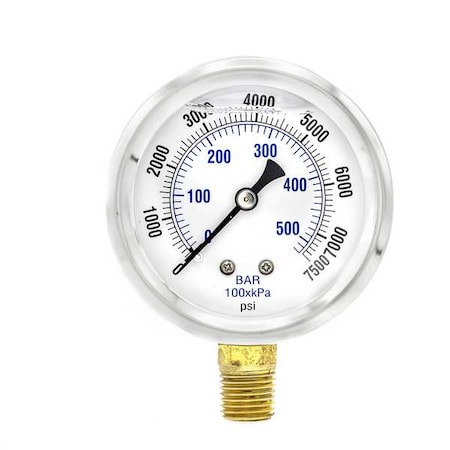 Industrial Pressure Gauge, 0 to 7,500 psi, 2 1/2 in Dial, 1/4 in NPT, Bottom Location
