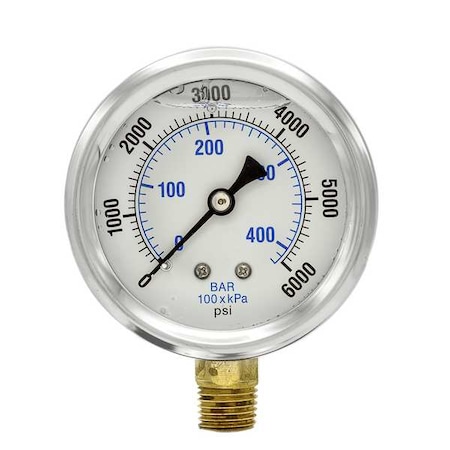 Industrial Pressure Gauge, 0 to 6,000 psi, 2 1/2 in Dial, 1/4 in NPT, Bottom Location