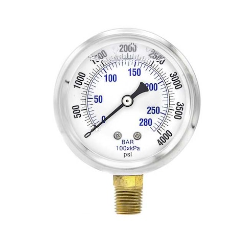 Industrial Pressure Gauge, 0 to 4,000 psi, 2 1/2 in Dial, 1/4 in NPT, Bottom Location