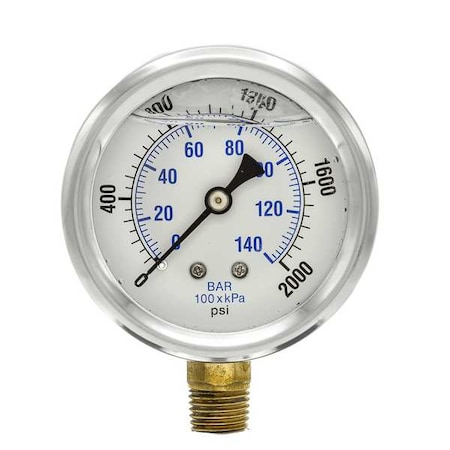 Industrial Pressure Gauge, 0 to 2,000 psi, 2 1/2 in Dial, 1/4 in NPT, Bottom Location
