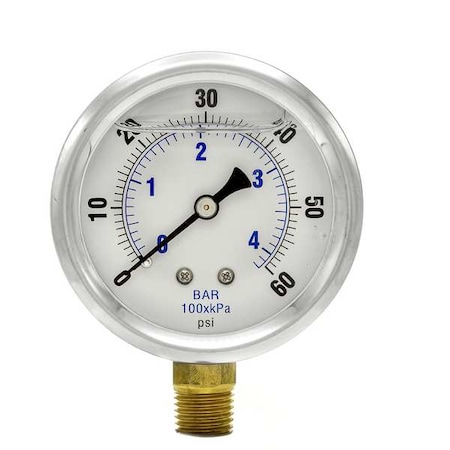 Industrial Pressure Gauge, 0 to 60 psi, 2 1/2 in Dial, 1/4 in NPT, Bottom Location